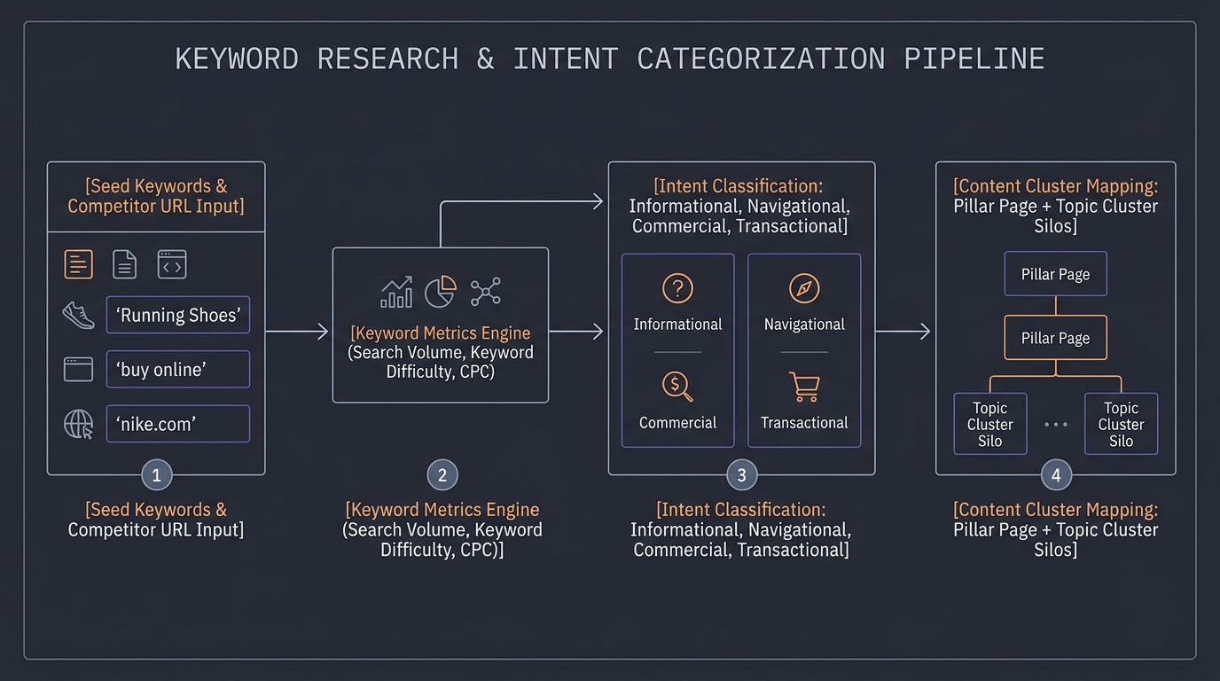 Technical system architecture diagram: High-Converting Keyword Research & Search Intent Mining