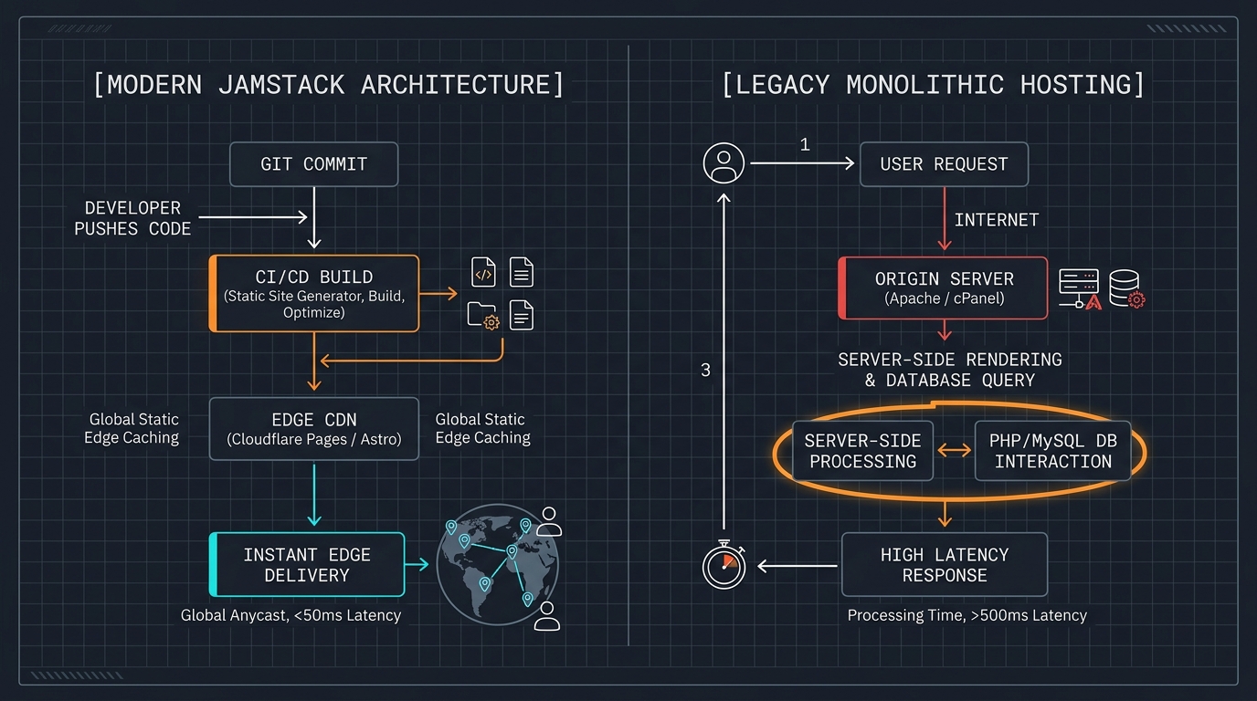 Technical system architecture diagram: Web Infrastructure: Modern JAMstack vs Shared WordPress Hosting