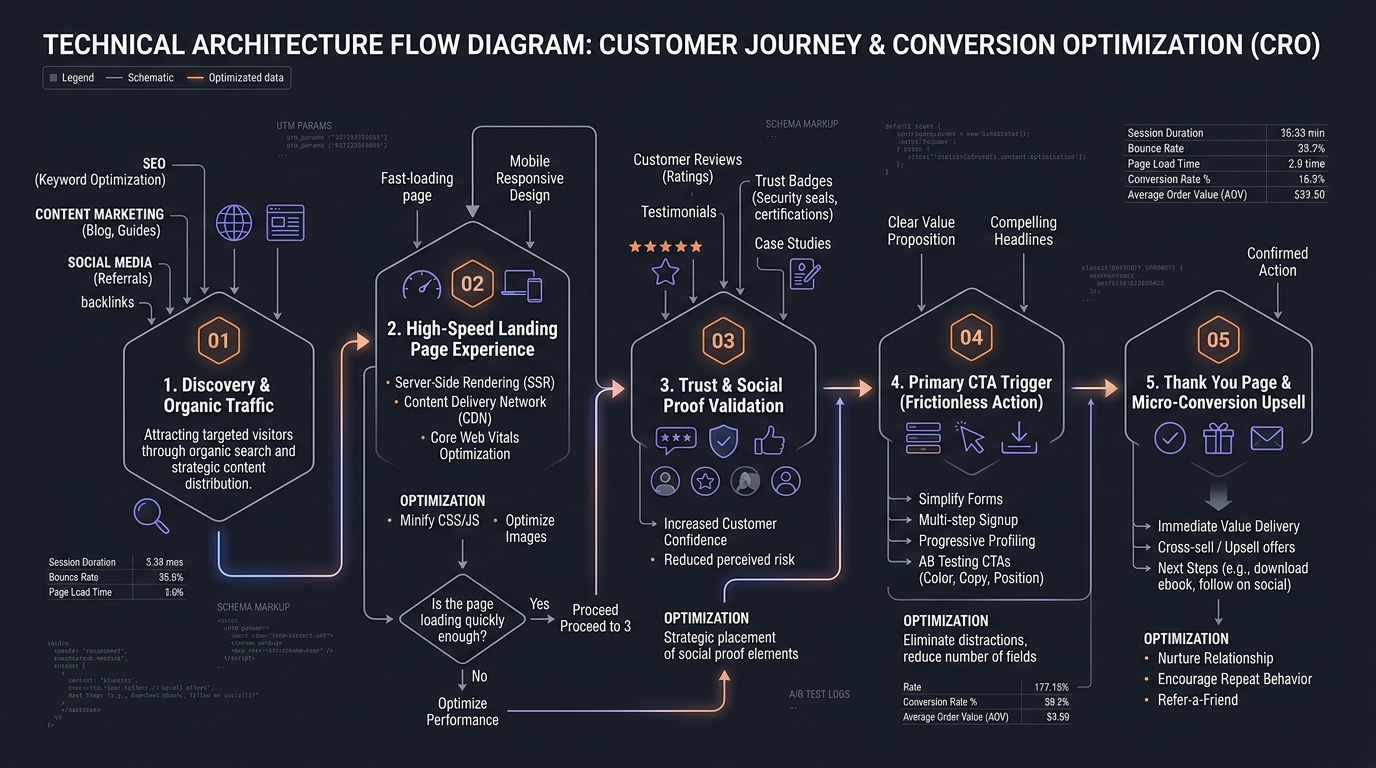 Technical system architecture diagram: The Customer Journey & Strategic CTA Funnel Architecture