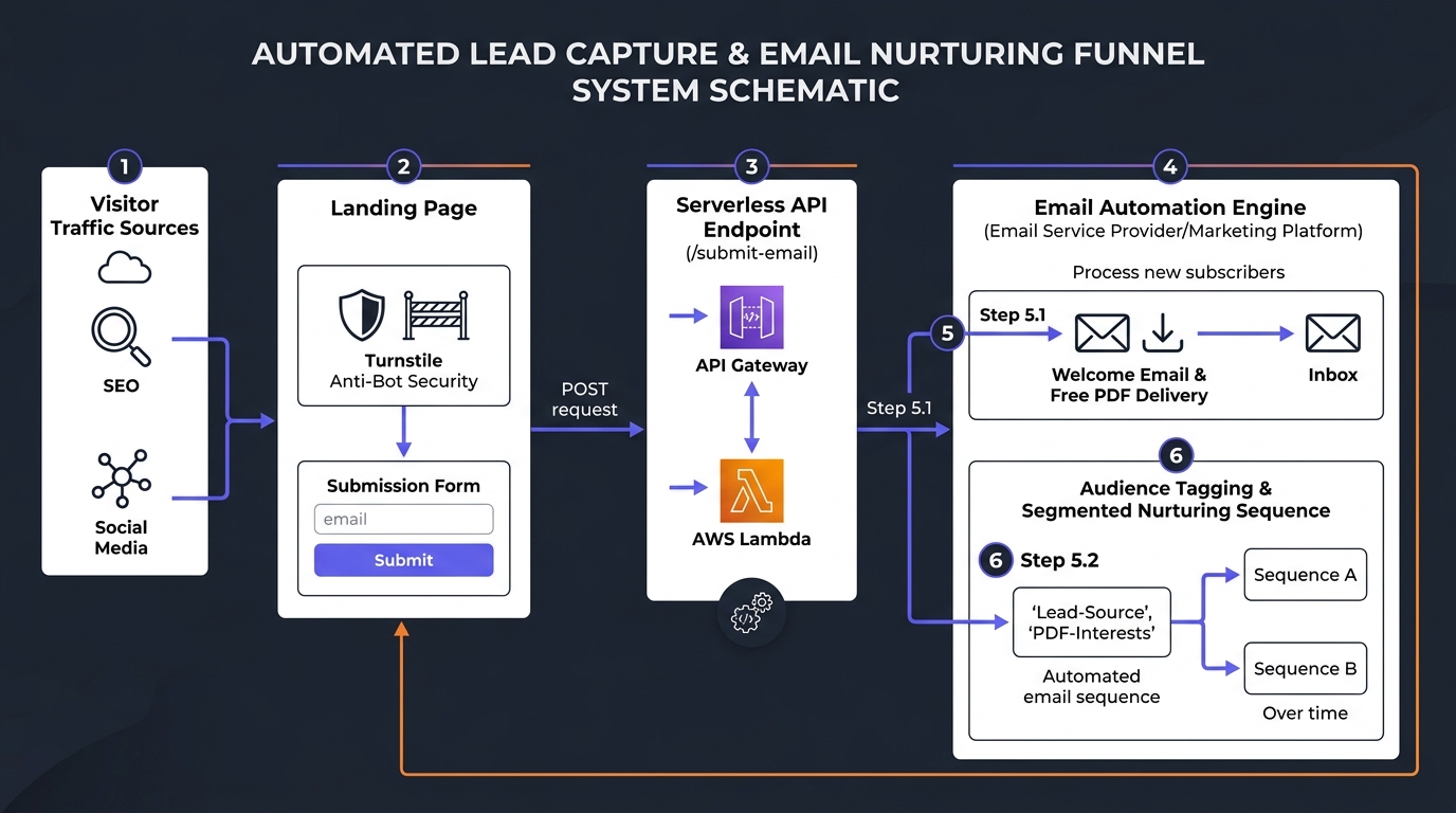 Technical system architecture diagram: Automated Lead Capture & High-Yield Email Funnels