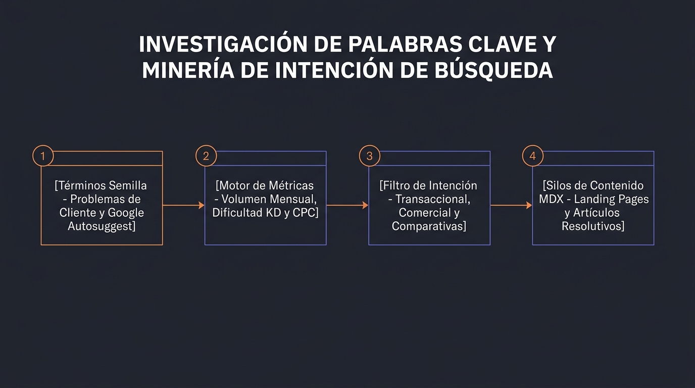 Diagrama técnico de arquitectura de sistemas: Keyword Research & Intención de Búsqueda de Alta Conversión