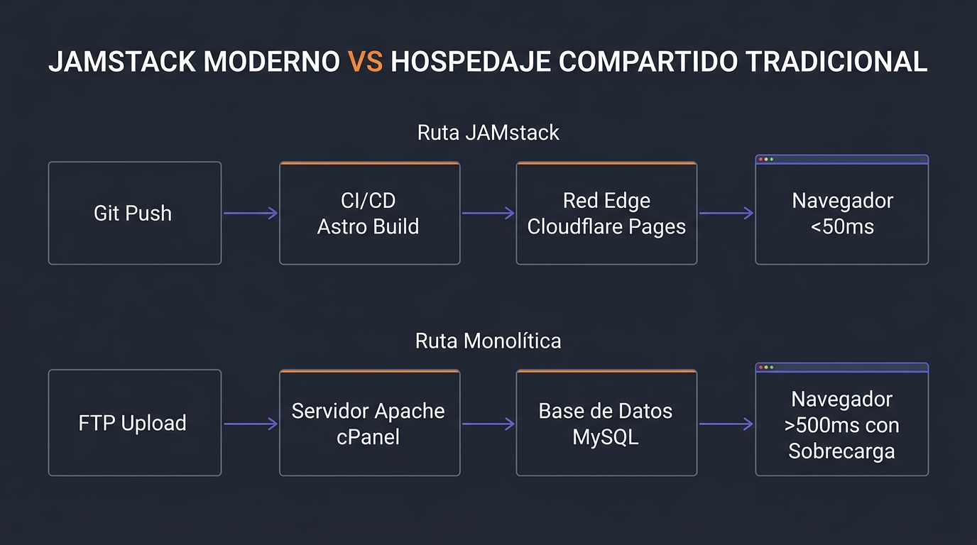 Diagrama técnico de arquitectura de sistemas: Infraestructura Web: JAMstack Moderno vs Hosting Compartido con WordPress