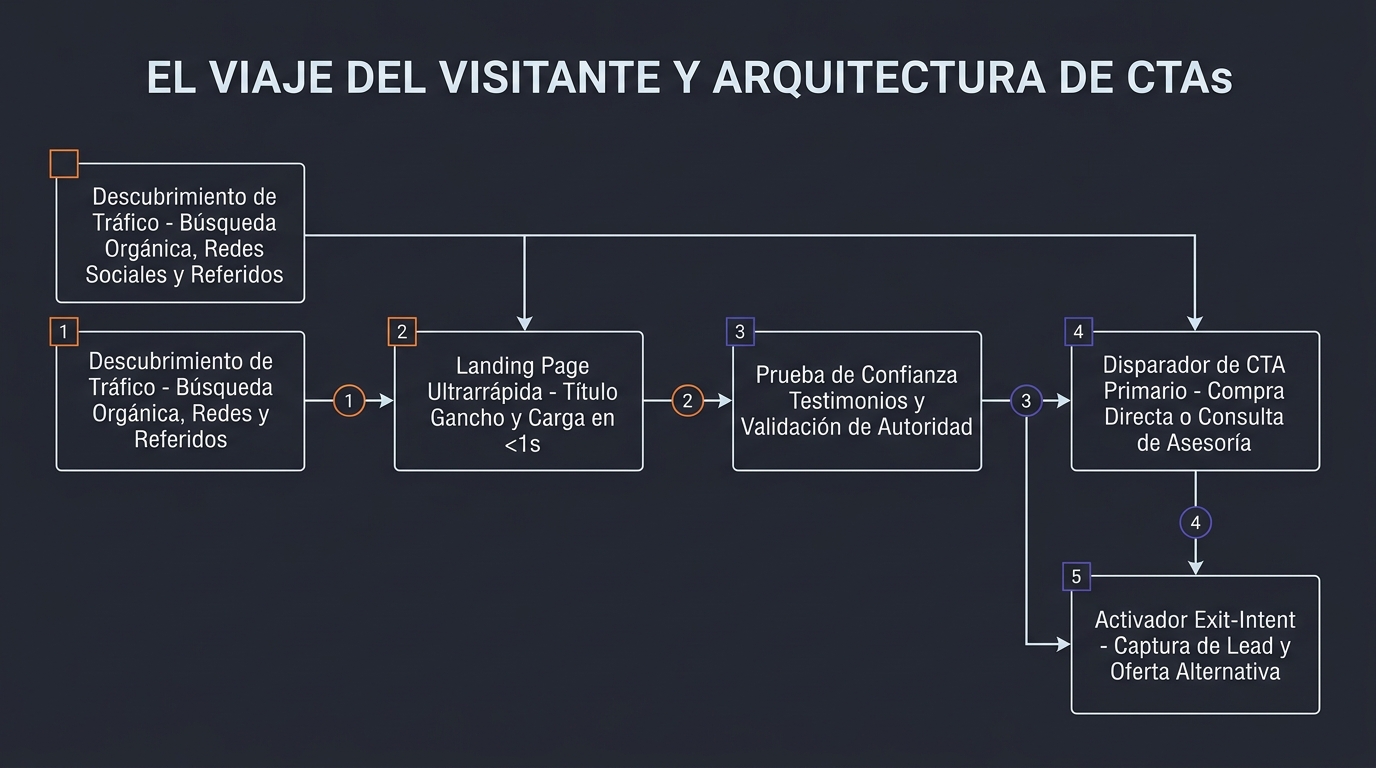 Diagrama técnico de arquitectura de sistemas: El Viaje del Visitante y la Arquitectura de CTAs de Alto Impacto