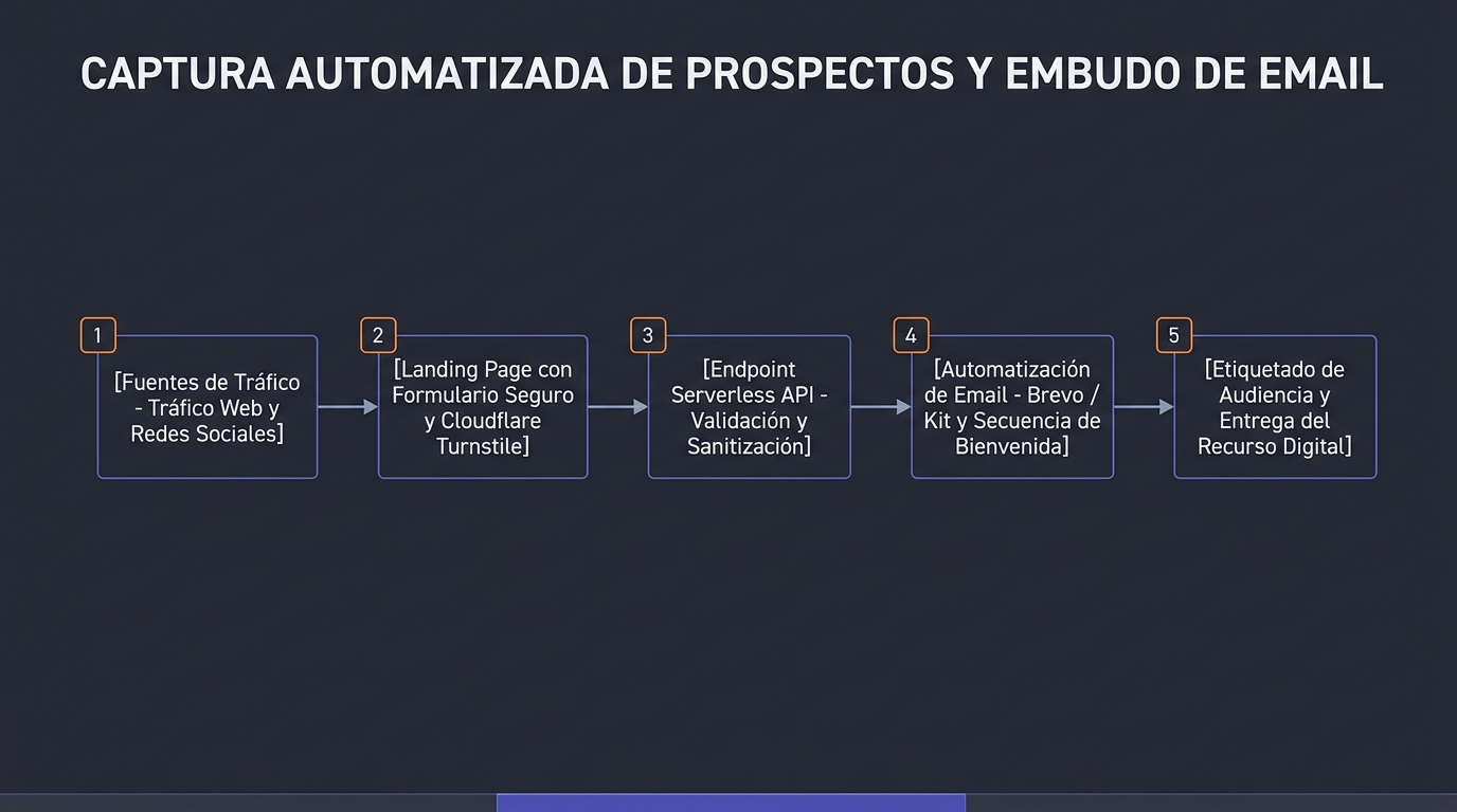 Diagrama técnico de arquitectura de sistemas: Captura de Leads y Email Marketing con Regalos Digitales