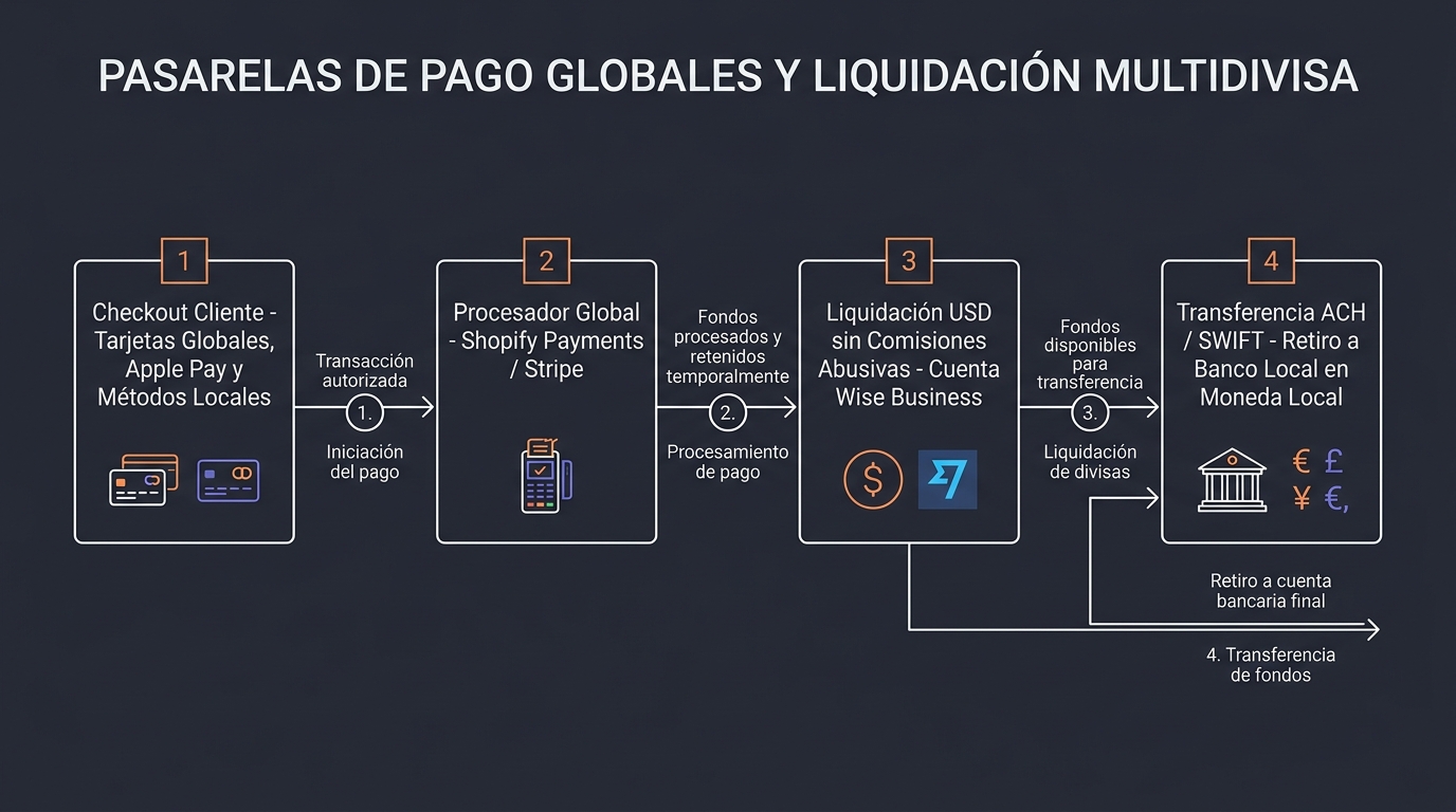 Diagrama técnico de arquitectura de sistemas: Pasarelas de Pago Globales y Cobros Locales: La Infraestructura Financiera