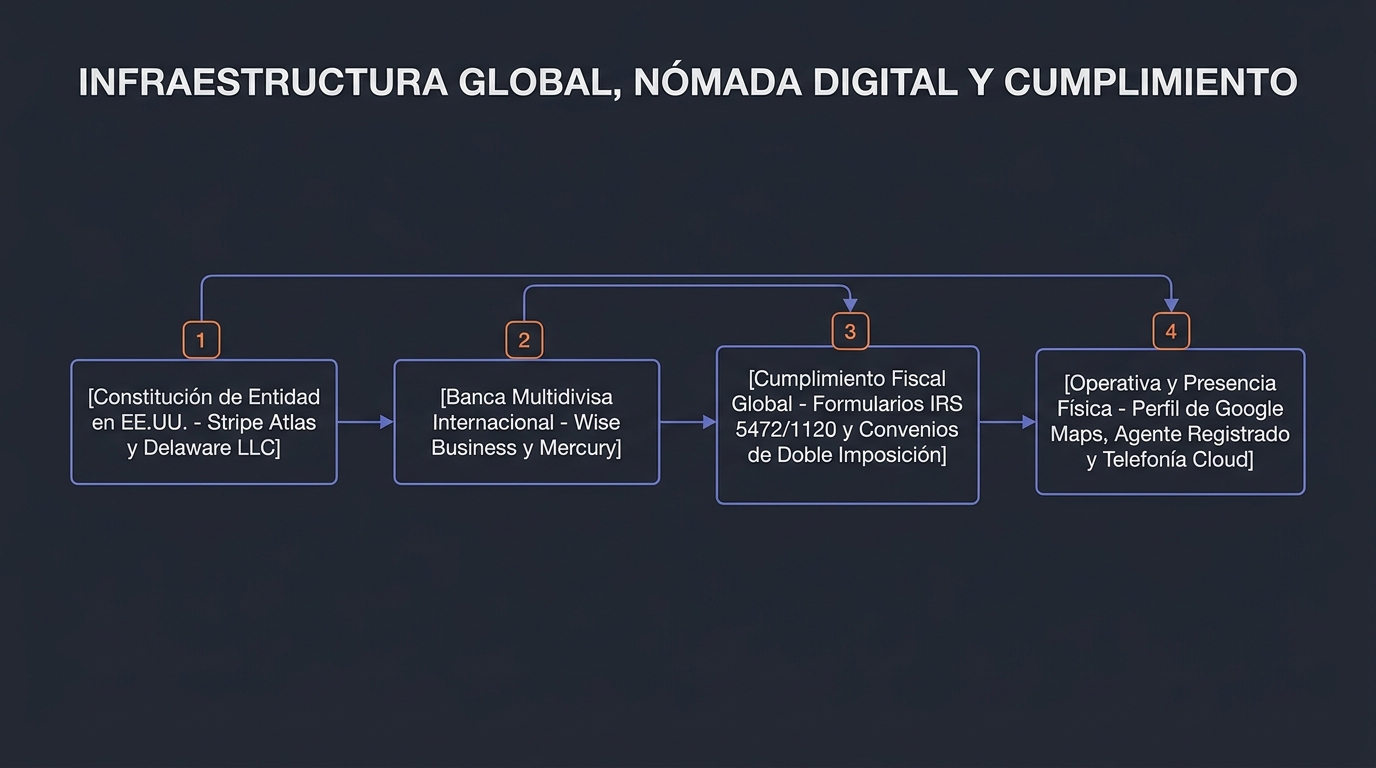 Diagrama técnico de arquitectura de sistemas: Presencia Física, Coordenadas y Operativa Internacional